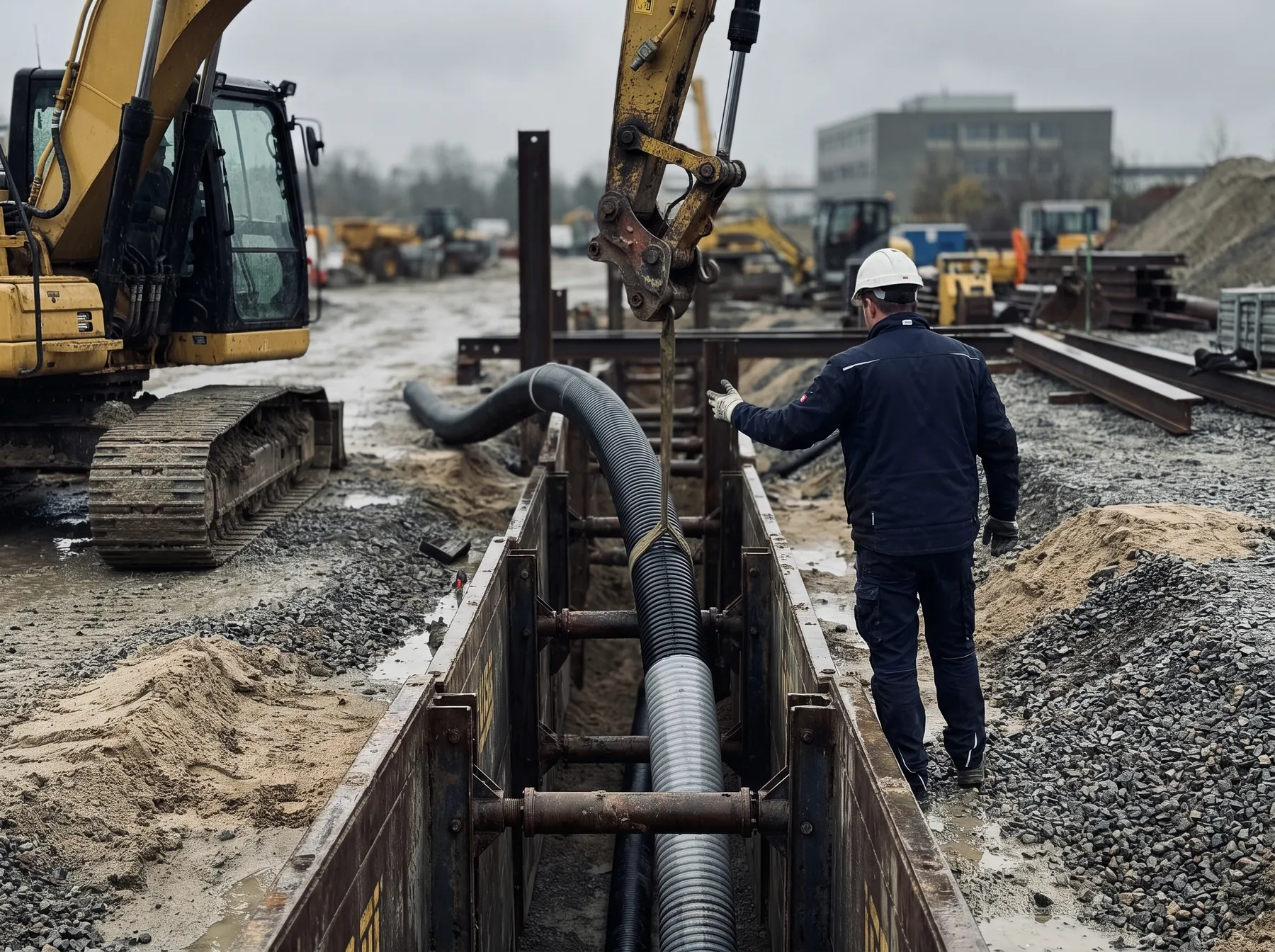 Bagger senkt ein Kabelschutzrohr in einen verbauten Graben