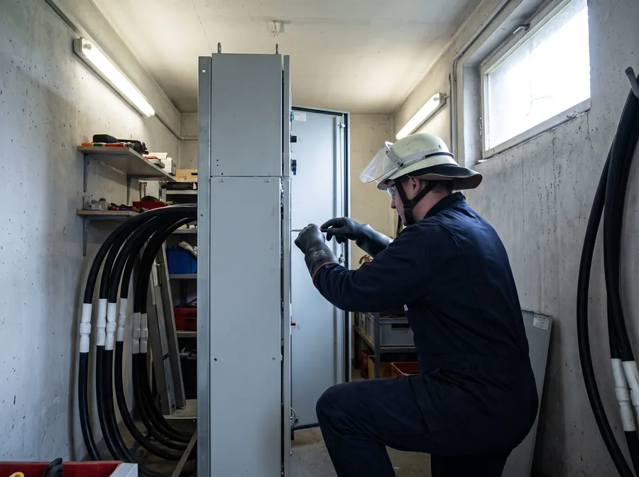 Elektriker in Schutzausrüstung an einer Mittelspannungsschaltanlage