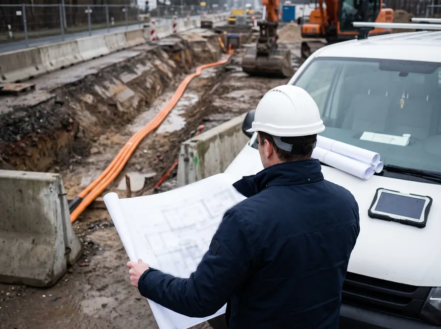 Bauleiter mit Trassenplan neben einer offenen Baugrube